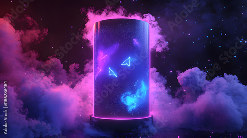 Cylinder flying podium with neon glowing abstract geometric shapes and smoke clouds for futuristic product display. photo