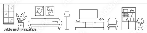 Living room graphic black white home interior sketch long illustration vector 