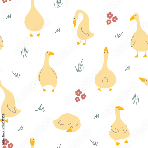Goose Seamless Pattern. Cute Cartoon geese, Vector Illustration Background.