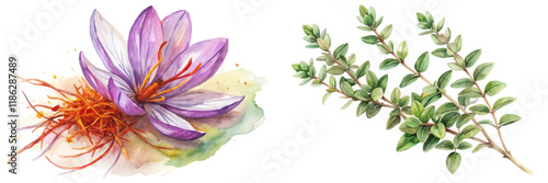 Vibrant watercolor saffron flower, aromatic thyme sprig, botanical illustration, floral art, nature-inspired design.
