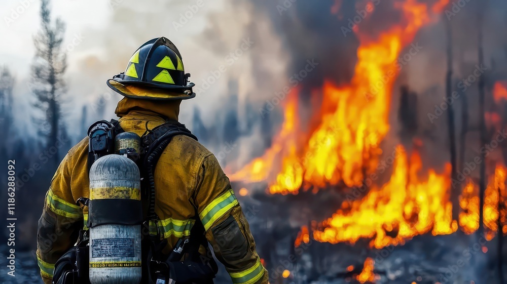 Wildfires burning restoration concept. A firefighter stands resiliently against a backdrop of raging wildfires, showcasing bravery and the struggle against nature's fury. Wildfires burning restoration concept. A firefighter stands resiliently against a backdrop of raging wildfires, showcasing bravery and the struggle against nature's fury.