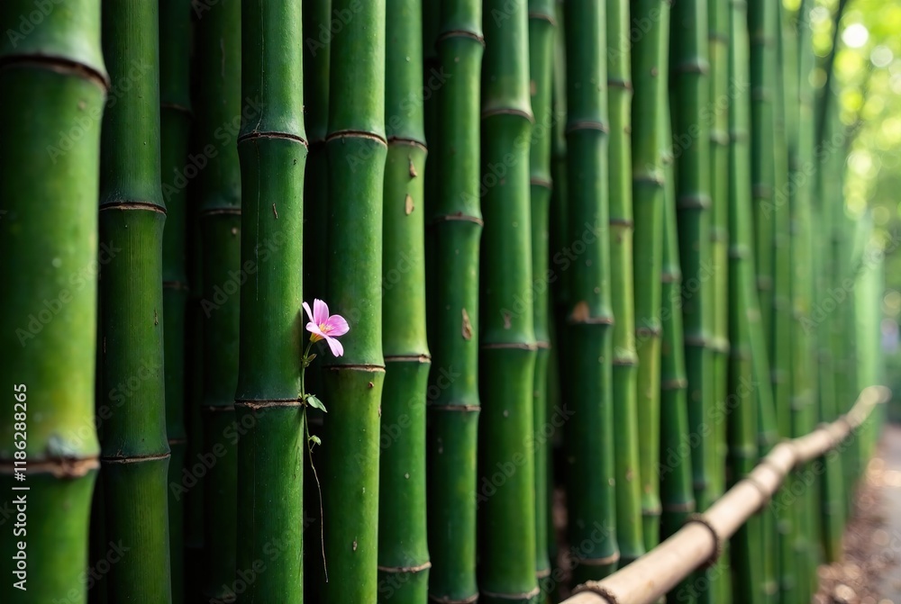 Fototapeta premium Intricate Bamboo Fence Line - Artistic Photography, Nature, Abstract, Lush