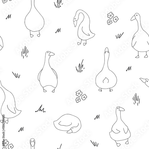 Goose Seamless Pattern. Cute Cartoon geese, Vector Illustration Background.