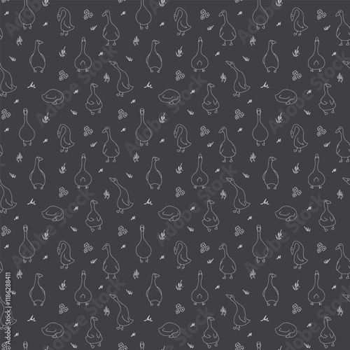 Goose Seamless Pattern. Cute Cartoon geese, Vector Illustration Background.