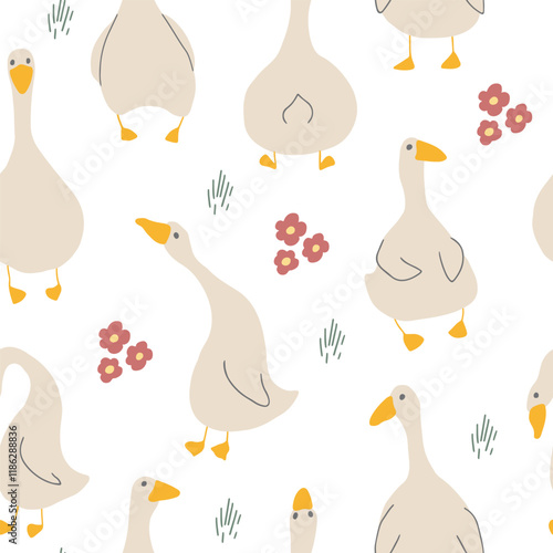 Goose Seamless Pattern. Cute Cartoon geese, Vector Illustration Background.