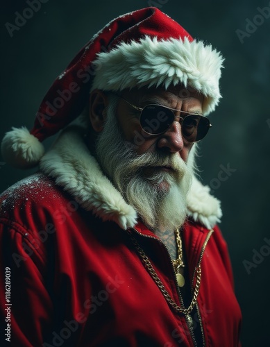 Portrait of Brutal Santa Claus in sunglasses, with gold chains around his neck on a dark background