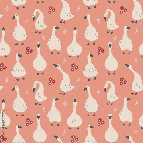 Goose Seamless Pattern. Cute Cartoon geese, Vector Illustration Background.
