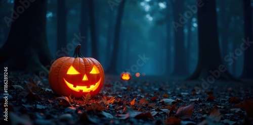 Spooky glowing jack o lantern in the woods at night, stars, lantern, dark photo