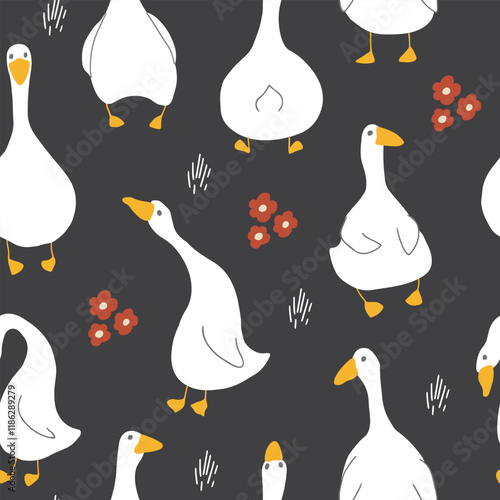 Goose Seamless Pattern. Cute Cartoon geese, Vector Illustration Background.