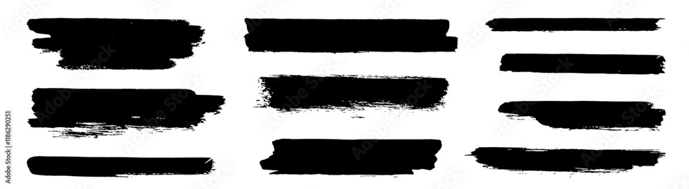 Brush line set. Vector calligraphy paint strokes. Vintage Chinese brushstrokes collection. Straight long hand drawn stripes background. Abstract black ink grungy lines, borders, emphasis underlines