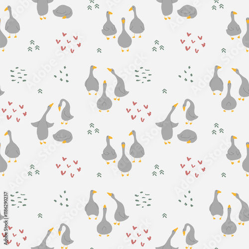 Goose Seamless Pattern. Cute Cartoon geese, Vector Illustration Background.