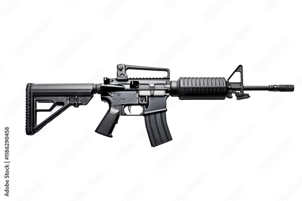 M4A1 rifle isolated on a transparent background, showcasing a modern tactical firearm perfect for military, law enforcement, or combat-related projects. Ideal for designs, presentations, and creative. M4A1 rifle isolated on a transparent background, showcasing a modern tactical firearm perfect for military, law enforcement, or combat-related projects. Ideal for designs, presentations, and creative.