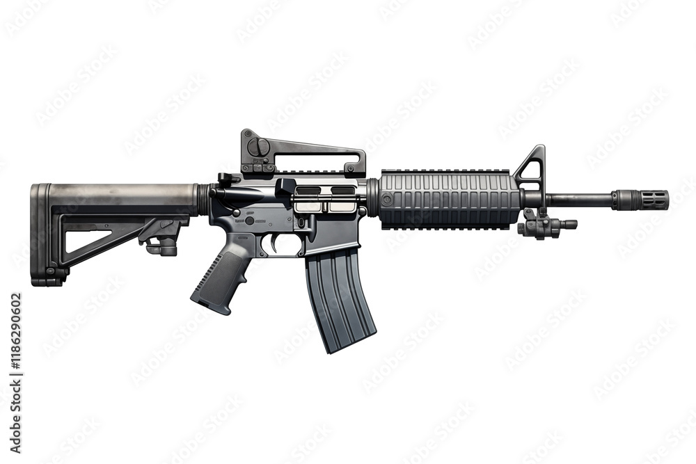 M4A1 rifle isolated on a transparent background, showcasing a modern tactical firearm perfect for military, law enforcement, or combat-related projects. Ideal for designs, presentations, and creative. M4A1 rifle isolated on a transparent background, showcasing a modern tactical firearm perfect for military, law enforcement, or combat-related projects. Ideal for designs, presentations, and creative.