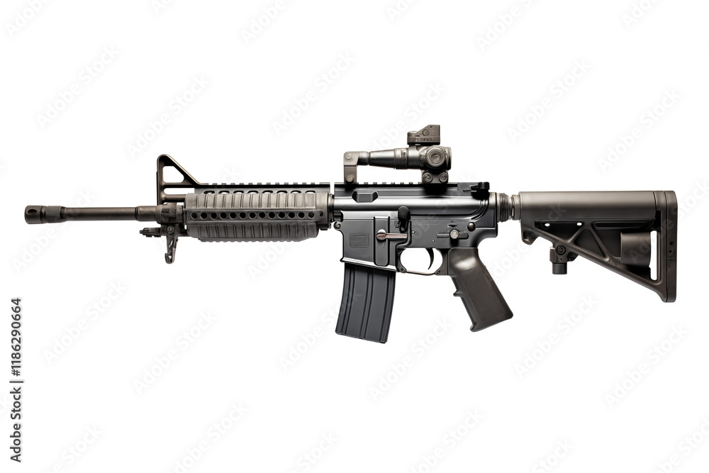 M4A1 rifle isolated on a transparent background, showcasing a modern tactical firearm perfect for military, law enforcement, or combat-related projects. Ideal for designs, presentations, and creative. M4A1 rifle isolated on a transparent background, showcasing a modern tactical firearm perfect for military, law enforcement, or combat-related projects. Ideal for designs, presentations, and creative.