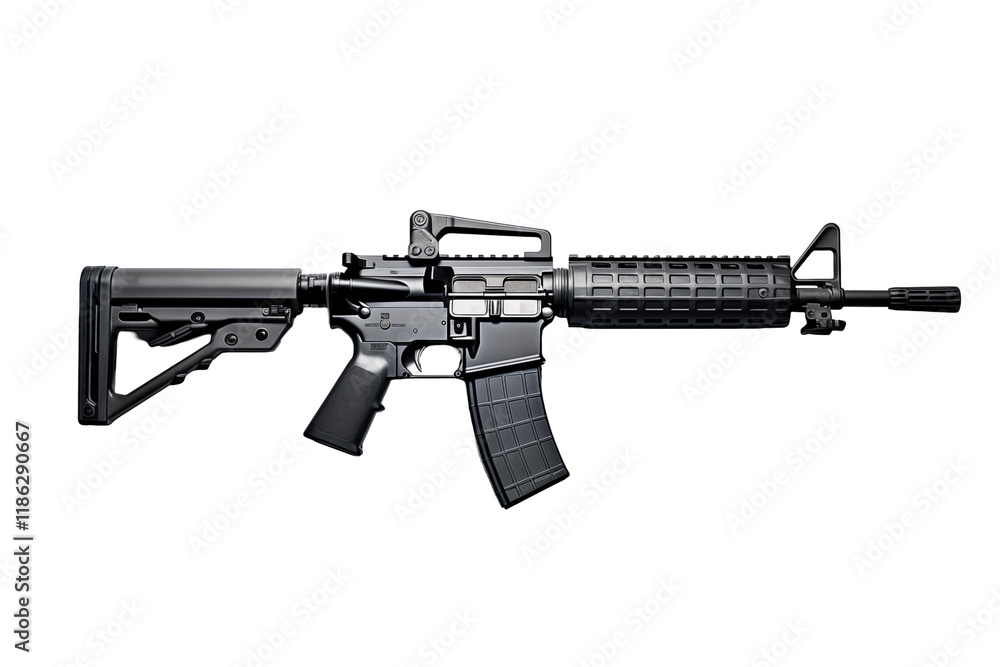 M4A1 rifle isolated on a transparent background, showcasing a modern tactical firearm perfect for military, law enforcement, or combat-related projects. Ideal for designs, presentations, and creative. M4A1 rifle isolated on a transparent background, showcasing a modern tactical firearm perfect for military, law enforcement, or combat-related projects. Ideal for designs, presentations, and creative.
