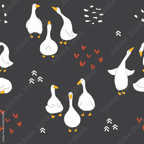 Goose Seamless Pattern. Cute Cartoon geese, Vector Illustration Background.