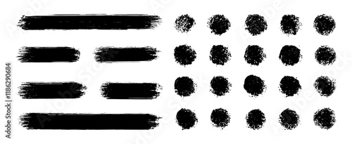 Brush line set. Vector abstract black ink grungy straight lines, circles, borders and frames. Textured paint strokes. Vintage clean accurate round brushstrokes pattern.  Hand drawn stamps background
