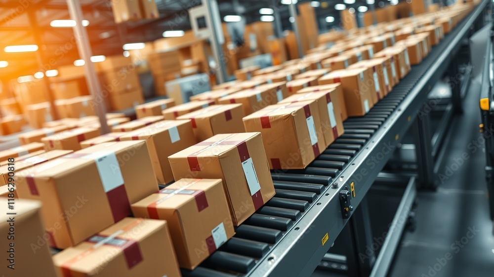 Fototapeta premium Parcels Merging on Conveyors - Time Lapse, AI Photo, Industrial Logistics, High-Speed Conveyor, 
