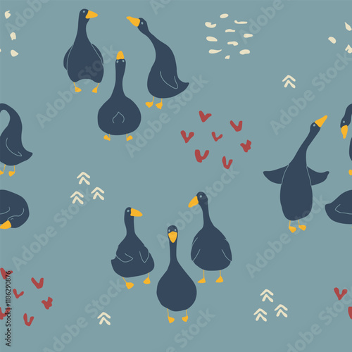 Goose Seamless Pattern. Cute Cartoon geese, Vector Illustration Background.
