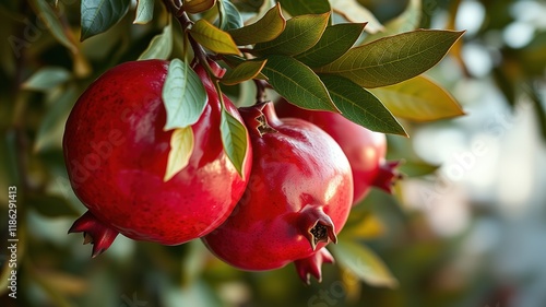 Ripe Pomegranate Branch, Vibrant, High-Quality AI Photo, Fresh Fruit, Autumn Harvest, Nature, Food Photography