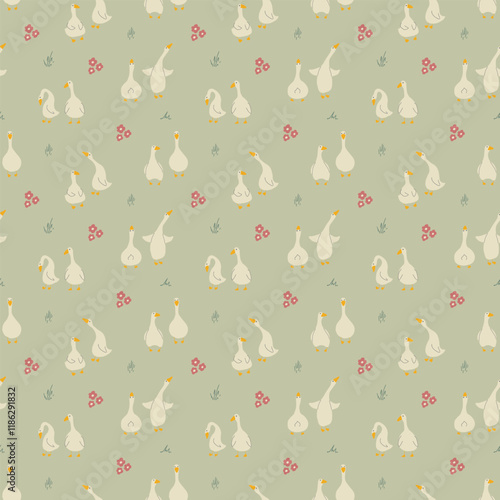 Goose Seamless Pattern. Cute Cartoon geese, Vector Illustration Background.