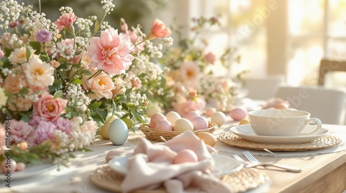 Pastel Easter table setting with flowers and eggs. Perfect for spring cards, blogs, and websites