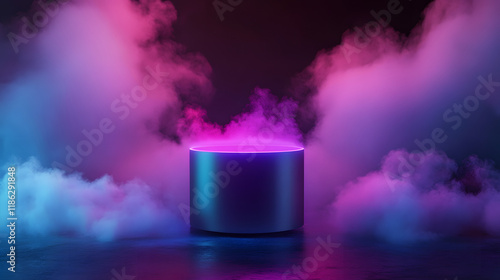 Cylinder flying podium with neon glowing abstract geometric shapes and smoke clouds for futuristic product display. photo