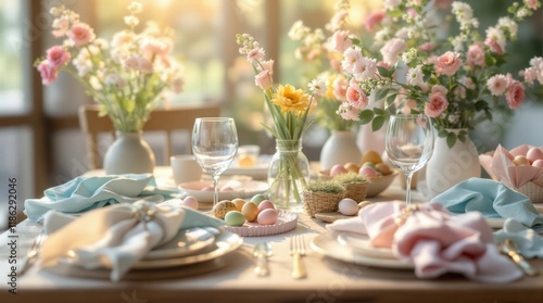 Pastel Easter table setting with flowers and eggs. Perfect for spring cards, blogs, and websites
