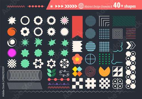 Abstract futuristic geometric shapes in trendy retro groovy, flat style. Colored simple isolated on black background label sticker elements. All layered and grouped. Vector.