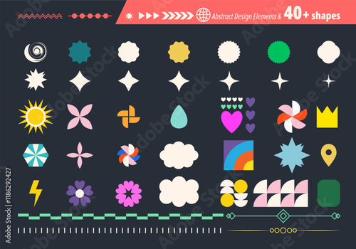 Abstract futuristic geometric shapes in trendy retro groovy, flat style. Colored simple isolated on black background label sticker elements. All layered and grouped. Vector.