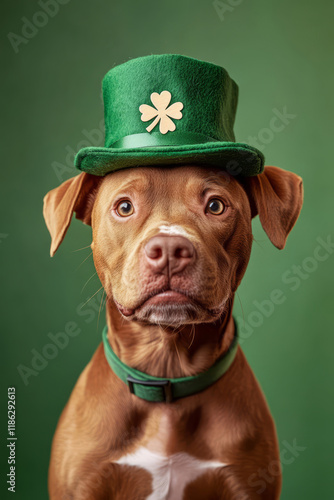 Dog wearing a green leprechaun hat photo