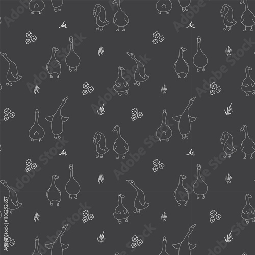 Goose Seamless Pattern. Cute Cartoon geese, Vector Illustration Background.