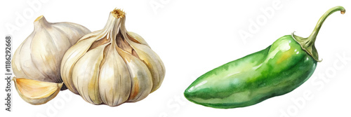 Fresh garlic bulbs, vibrant jalapeno pepper, watercolor illustration, organic produce, culinary ingredients, healthy cooking.