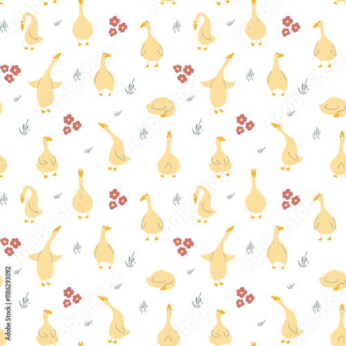 Goose Seamless Pattern. Cute Cartoon geese, Vector Illustration Background.