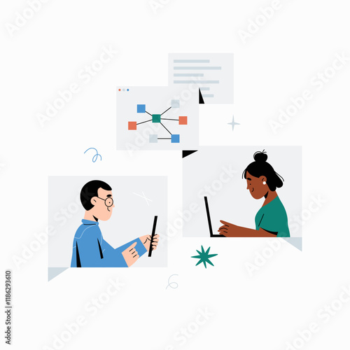 Male and female professionals working remotely in flat vector illustration symbolizing teamwork, digital communication, and collaboration, isolated on white background.