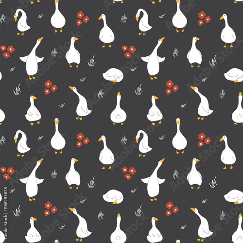 Goose Seamless Pattern. Cute Cartoon geese, Vector Illustration Background.