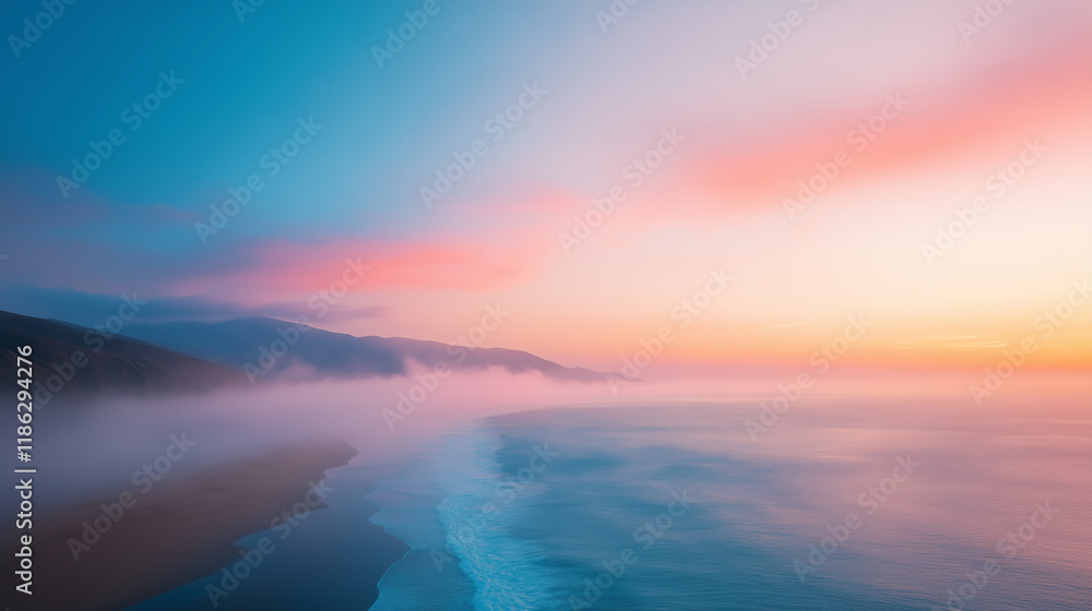 Fototapeta premium serene coastal landscape at sunrise, featuring soft waves and mist.