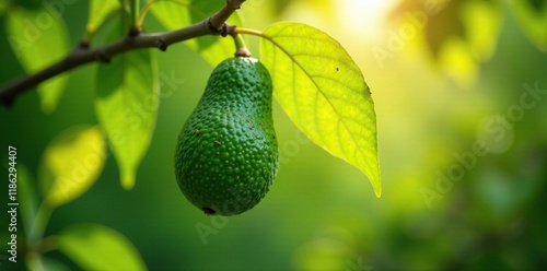 A single avocado ripening on a branch as sunlight filters through the leaf, avocadolife, greenleaf, ripeningprocess photo