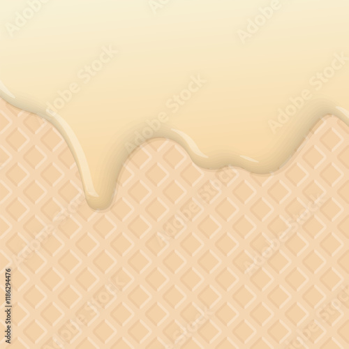 Melted vanilla ice cream dropping on ice cream cone texture square background graphic illustration.