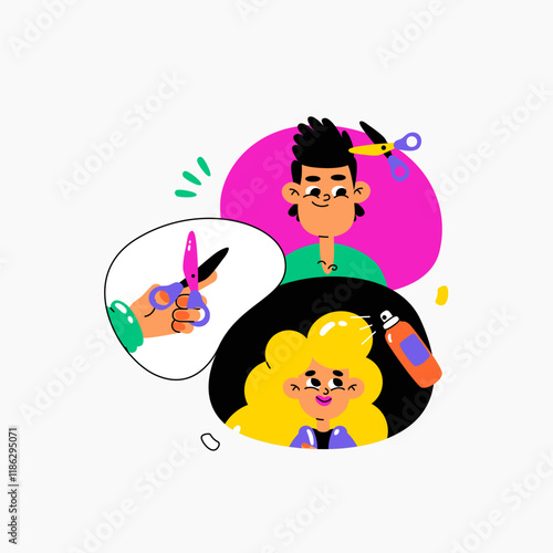 Barber shop services including hair cutting, styling, and hair spray application, flat vector illustration representing grooming and beauty services