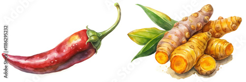 Vibrant chili pepper, fresh turmeric roots, watercolor illustration, culinary ingredients, organic produce, healthy cooking.