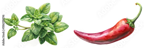 Fresh herbs, vibrant colors, watercolor style, culinary ingredients, organic produce, healthy cooking, flavor enhancement.