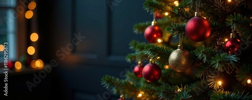 Christmas tree decorated with lights and ornaments, festive ambiance, garlands, decorated branches photo