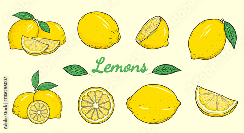 Hand Drawn Lemon Sketch Collection: Whole Fruits, Slices, and Leaves Isolated on White Background. Citrus Vector Illustration Set for Vegan Cuisine and Design Projects.