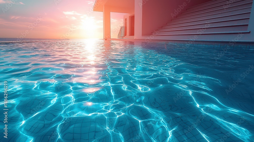 Fototapeta premium Illustration - Tranquil Sunset Poolside Relaxation, Summer Vacation Vibes