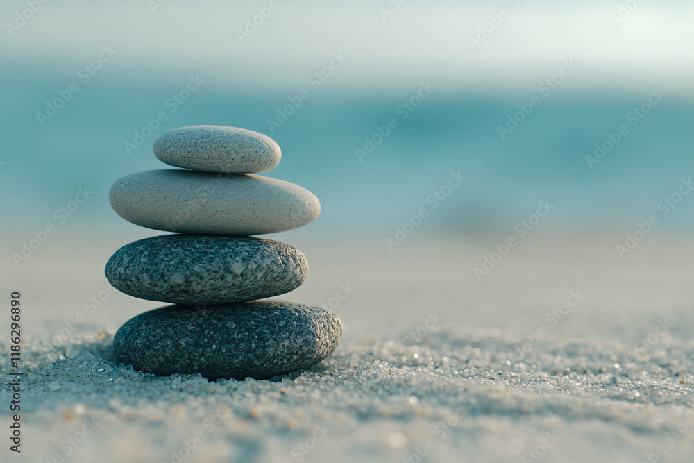 Stack of four stones in balance in front of blurry beach background with copy space Stack of four stones in balance in front of blurry beach background with copy space