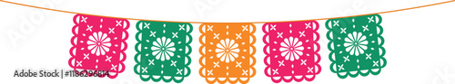 Mexican paper papel picado. Colored bright flags with ornaments for the Cinco de Mayo holiday. Isolated vector illustration.