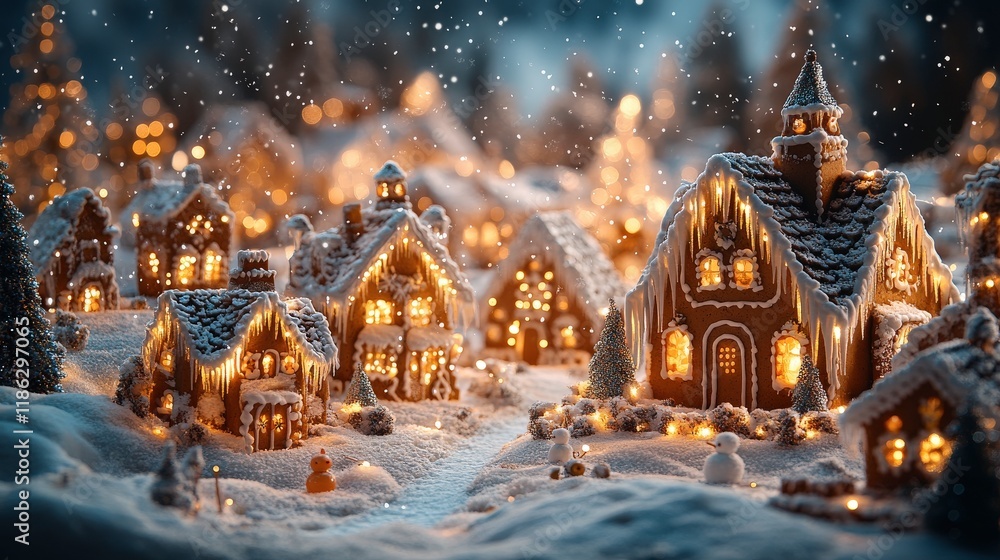 Obraz premium Illustration of Gingerbread Village in Snowy Winter Wonderland with Warm Lights