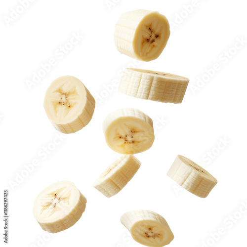 Fresh banana slices flying and levitating in mid-air, isolated on a transparent background. Ideal for smoothie ads, tropical food designs, healthy eating, and exotic fruit visuals, Generative AI photo