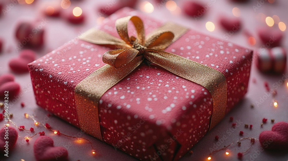 Obraz premium Elegant Sparkling Gift Box with Gold Ribbon Under Warm Lighting